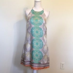 Aryn K Medallion Print 100% Silk Halter Mini Dress